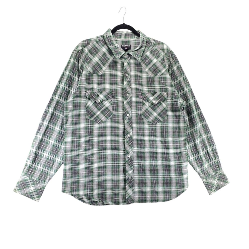 sz L Polo Jeans Co Ralph Lauren Plaid Pearl Snap Western Shirt Green Grey